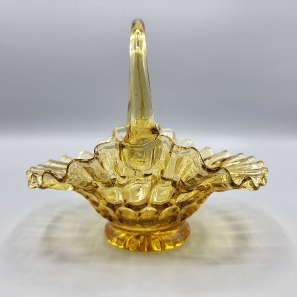 Vintage Candy Dish Amber Glass Basket Thumbprint Ruffled Edge - Picture 2 of 12